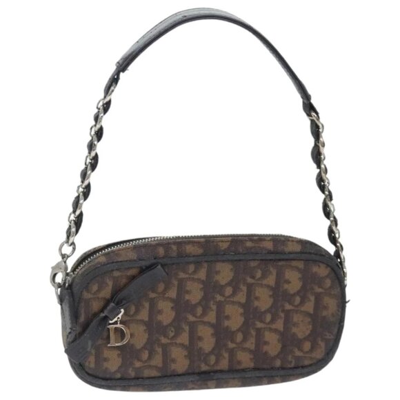Christian Dior Trotter Canvas Trotter Romantic Pouch PVC Brown Silver Auth 93042 - Picture 1 of 15